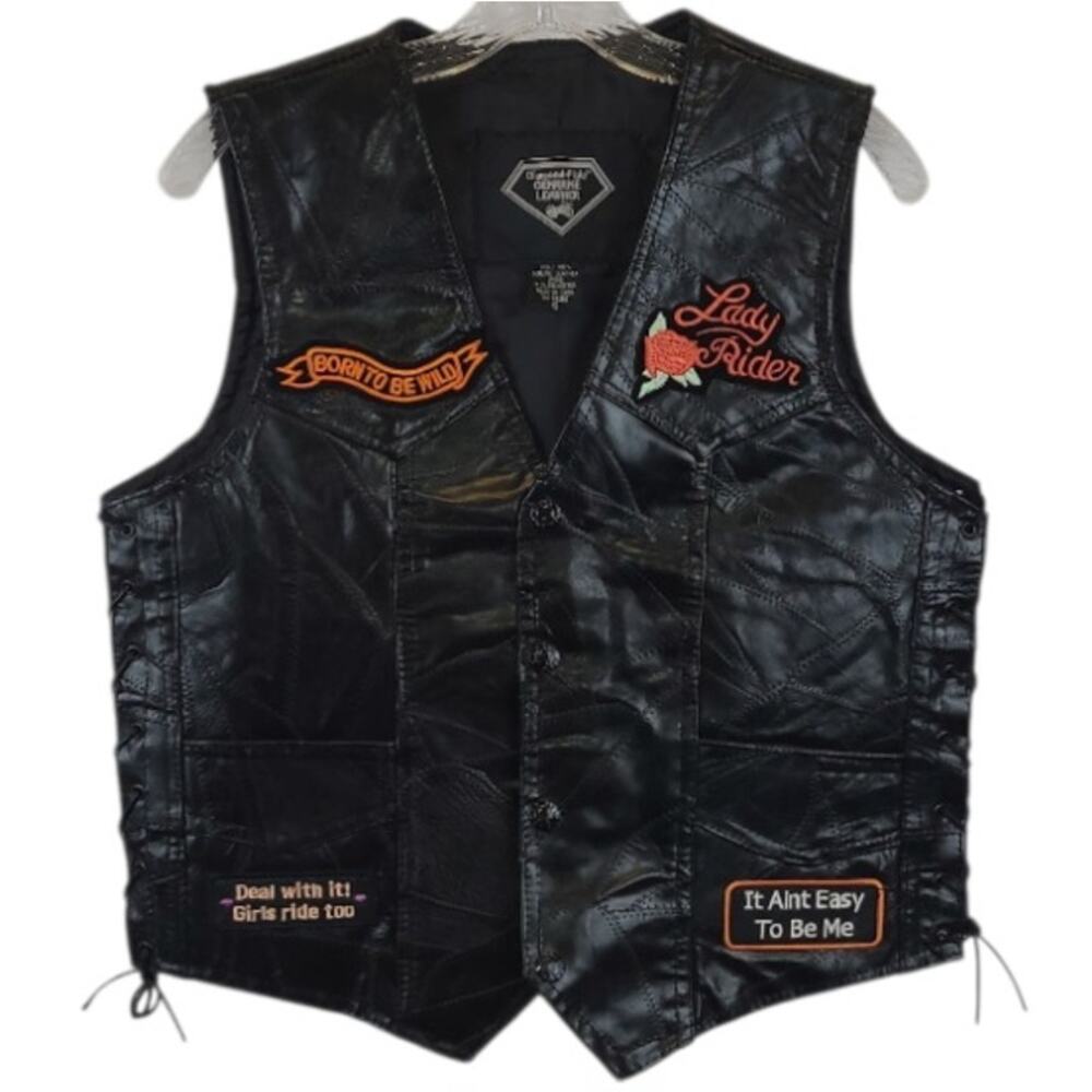 Diamond Plate Leather Lady Rider Vest Black Lace-Up Sides Patches Pockets Sz S